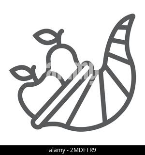 Cornucopia-Liniensymbol, Ernte und Nahrung, Korbzeichen, Vektorgrafiken, ein lineares Muster auf weißem Hintergrund, eps 10. Stock Vektor