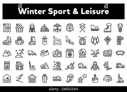 Eine Vektordarstellung eines Pakets von Symbolen, die sich auf den Wintersport beziehen und auf weißem Hintergrund isoliert sind Stock Vektor