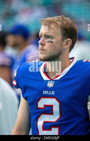 Buffalo Bills kicker Tyler Bass (2) and punter Corey Bojorquez (9) talk as  they leave the field after an NFL football game against the Tennessee  Titans, Tuesday, Oct. 13, 2020, in Nashville