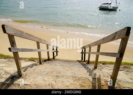 Treppen an der Küste, Zaun zum Ozeanstrand, atlantikküste, Talmont Vendee in Frankreich Stockfoto
