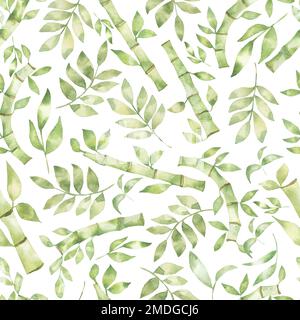 Nahtloses Bambusmuster, handgezogene Bambusblätter Wiederholungspapier, Asthintergrund mit wässrigen grünen Blättern, Blumendruck. Textildesign Stockfoto