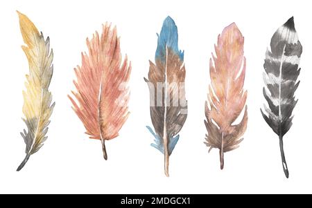 Aquarelle Bo-Ho-Federn Illustration Set aus Flügel. Wilde Vogelfliegen-Clipart. azteken-Clipkunst, perfekt für Karten- und Einladungen, Hochzeitskarten Stockfoto