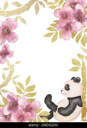 Panda mit goldenem Bambus und rosa Blumenrahmen, Panda umgeben von Bambuszweigen und Blüten, handgemalte Komposition, Aquarell-Illustration, mit C. Stockfoto