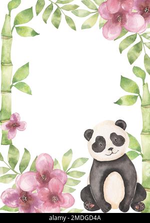 Panda mit grünem Bambus und rosafarbenem Blumenrahmen, Panda umgeben von Bambuszweigen und Blüten, handgemalte Komposition, Aquarell-Illustration, mit Stockfoto