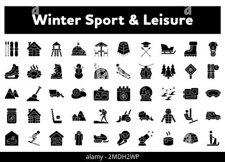 Eine Vektordarstellung eines Pakets von Symbolen, die sich auf den Wintersport beziehen und auf weißem Hintergrund isoliert sind Stock Vektor