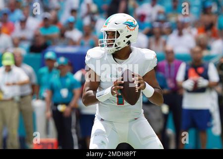 Miami Dolphins quarterback Tua Tagovailoa (1) is interviewed by CBS  reporter Aditi Kinkhabwala on the field after the Dolphins defeated the  Texans with a score of 30-15 during an NFL football game