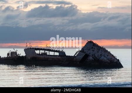 Silhoutte der SS Palo Alto, ein altes Schiffswrack aus dem Zweiten Weltkrieg, um den Sonnenuntergang vor der Küste von Aptos, Kalifornien, in der Nähe des seacliff Strandes. Stockfoto