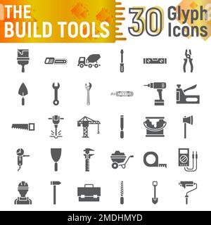 Build Tools Glyphen Symbolsatz, Sammlung von Konstruktionssymbolen, Vektorskizzen, Logos Illustrationen, Geräte Zeichen ausgefüllte Piktogramme Paket isoliert auf weißem Hintergrund, eps 10. Stock Vektor