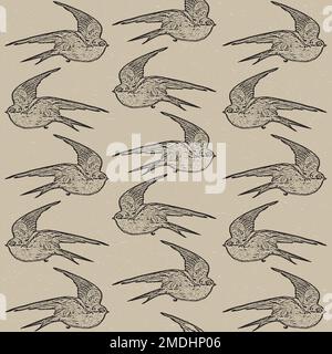 Gravurstil, handgezeichnete Vögel zeichnen Muster. Schwarze Schwalben im Hintergrund. Darstellung der Vektorfauna. Stock Vektor