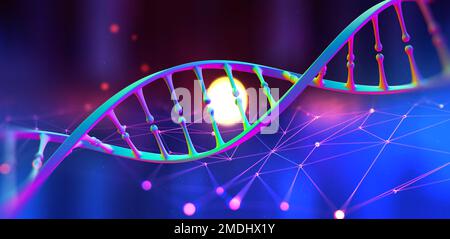 DNA-Helix. Hi-Tech-Technologie im Bereich Gentechnik. Arbeit an künstlicher Intelligenz. 3D Illustration auf futuristischem Hintergrund Stockfoto