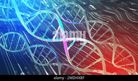 DNA-Helix. Hi-Tech-Technologie, Gentechnik. Arbeit an künstlicher Intelligenz. 3D-Abbildung auf futuristischem Hintergrund Stockfoto