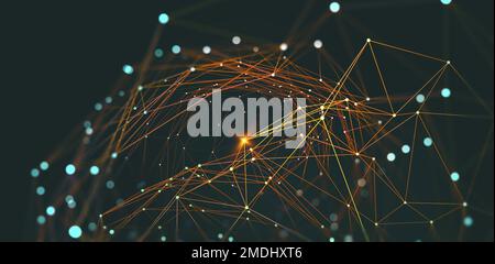 Abstraktes neuronales Netz 3D Illustration. Big-Data-Konzept. Globale Datenbank und künstliche Intelligenz. Heller, farbenfroher Hintergrund mit Bokeh-Effekt Stockfoto