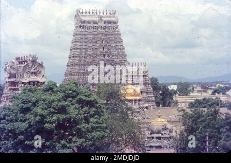 Der Arulmigu Meenakshi Sundaraswarar Tempel ist ein historischer Hindu-Tempel am Südufer des Flusses Vaigai in der Tempelstadt Madurai, Tamil Nadu, Indien. Es ist der Göttin Meenakshi gewidmet, einer Form von Shakti, und ihrem Gemahl, Sundareshwarar, einer Form von Shiva. Madurai Meenakshi Sundareswarar Tempel wurde von Pandayan Kaiser Sadayavarman Kulasekaran 1190 erbaut. Die beliebteste Tatsache am Tempel ist, dass es hier einen Saal mit tausend Säulen gibt, einen heiligen Pool mit einem goldenen Lotus, wo man ein rituelles Bad nehmen kann, einen Hochzeitssaal, Kleine Schreine, Gärten und Elefantenköpfe. Stockfoto