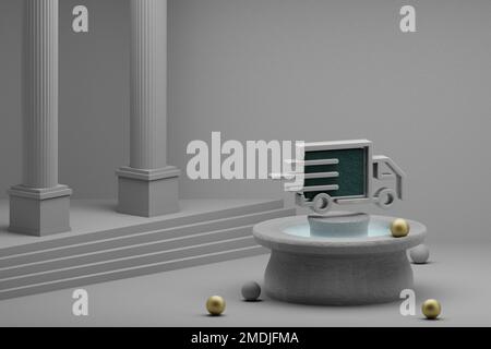 Wunderschöne abstrakte Illustrationen Symbol für Lieferwagen auf einem Brunnen- und Säulenhintergrund. 3D-Rendering-Abbildung. Online-Shopping. Stockfoto