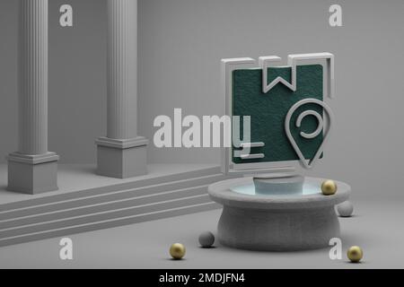 Wunderschöne abstrakte Abbildungen Symbol für die Sendungsverfolgung auf einem Brunnen- und Säulenhintergrund. 3D-Rendering-Abbildung. Online-Shopping. Stockfoto