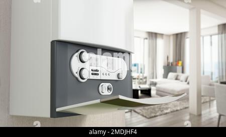 Kombi-Boiler an der Wand mit modernem Wohnzimmerblick. 3D Abbildung. Stockfoto