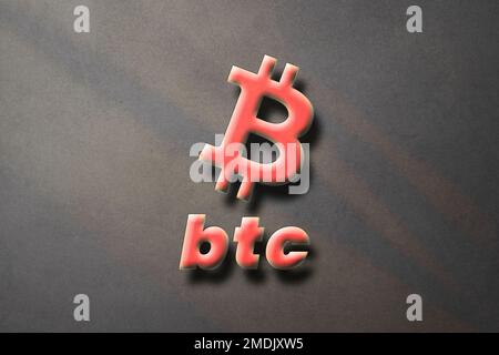Bitcoin BTC Cryptocurrency 3D Münze Logo und Symbol auf braunem Hintergrund, dezentralisierte Abbildung der Blockketten-Finanzierung. Stockfoto