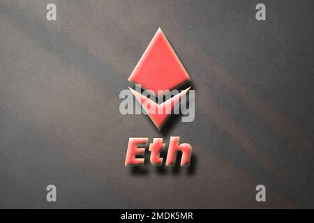 Ethereum ETH Kryptowährung 3D-Münze Logo und Symbol auf braunem Hintergrund, dezentralisierte Abbildung der Blockkettenfinanzierung. Stockfoto