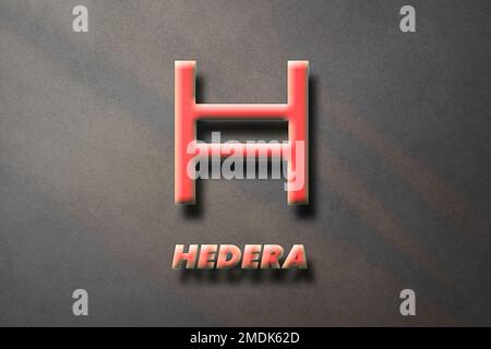 Logo und Symbol der Hedera HBAR Kryptowährung 3D auf braunem Hintergrund, dezentralisierte Abbildung der Blockkettenfinanzierung. Stockfoto