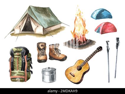 Camping-Konzept-Satz, handgezeichnete Aquarell-Illustration isoliert auf weißem Hintergrund Stockfoto