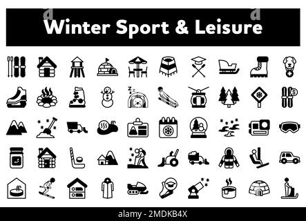 Eine Vektordarstellung eines Pakets von Symbolen, die sich auf den Wintersport beziehen und auf weißem Hintergrund isoliert sind Stock Vektor