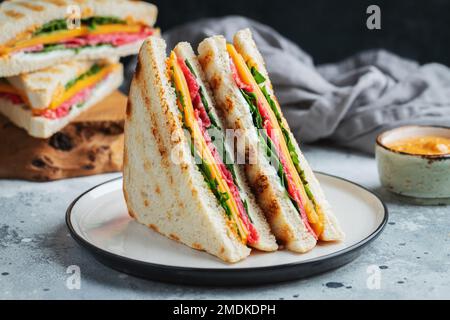 Zwei hausgemachte Sandwiches mit Wurst, Käse und Rucola auf hellem Betonhintergrund Stockfoto