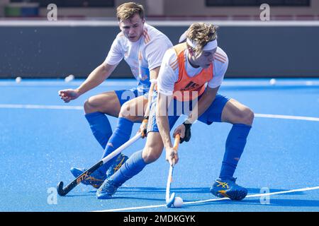 BHUBANESWAR – Derck de Vilder (NED) und Thijs van Dam (NED) während des Trainings im Vorfeld des Viertelfinals der Eishockey-Weltmeisterschaft in Indien. ANP WILLEM VERNES niederlande raus - belgien raus Stockfoto