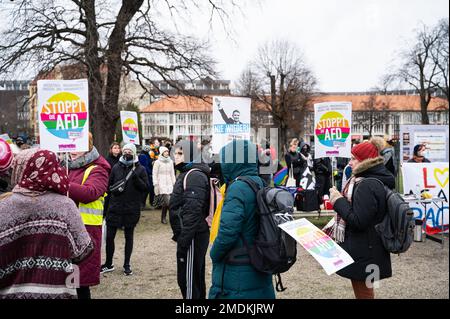 21.01.2023, Berlin, Deutschland, Europa - etwa 80-100 Menschen, überwiegend aus der radikalen Linken- und Alternativszene, bei einem Gegenprotest zur AfD-Rallye. Stockfoto