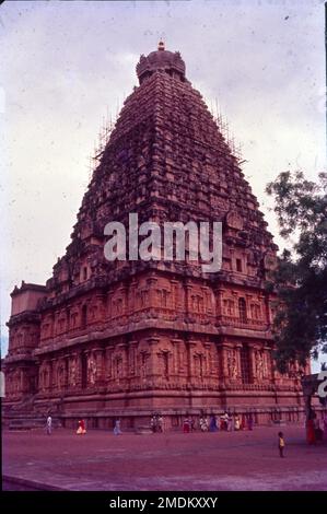 Der Brihadishvara-Tempel, von seinem Erbauer Rajarajesvaram genannt und lokal als Thanjai Periya Kovil und Peruvudaiyar Kovil bekannt, ist ein Shaivite Hindu-Tempel, erbaut in einem Chola-Architekturstil am Südufer des Cauvery River in Thanjavur, Tamil Nadu, Indien. Der Tempel hat eine riesige mit Kolonnaden überzogene Prakara (Korridor) und eine der größten Shiva-Lingas in Indien. Es ist auch berühmt für die Qualität seiner Skulptur und ist der Ort, der die Messing-Nataraja, Shiva, im 11. Jahrhundert als herrn des Tanzes in Auftrag gegeben hat. Stockfoto
