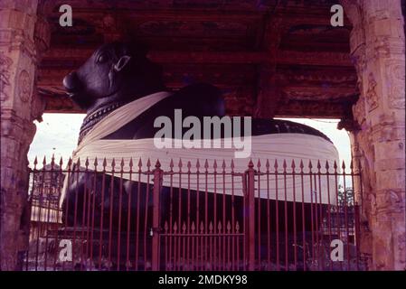 Der Brihadishvara-Tempel, von seinem Erbauer Rajarajesvaram genannt und lokal als Thanjai Periya Kovil und Peruvudaiyar Kovil bekannt, ist ein Shaivite Hindu-Tempel, erbaut in einem Chola-Architekturstil am Südufer des Cauvery River in Thanjavur, Tamil Nadu, Indien. Der Tempel hat eine riesige mit Kolonnaden überzogene Prakara (Korridor) und eine der größten Shiva-Lingas in Indien. Es ist auch berühmt für die Qualität seiner Skulptur und ist der Ort, der die Messing-Nataraja, Shiva, im 11. Jahrhundert als herrn des Tanzes in Auftrag gegeben hat. Stockfoto
