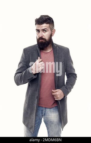 Wie gefällt Ihnen mein Stil? Bärtige Hipster brutale Person. Lässiges Outfit. Schule der guten Manieren. Tipps und Tricks schöner Mann. Attraktiv und hübsch Stockfoto