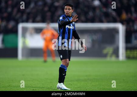 Turin, Italien. 22. Januar 2023. Luis Muriel von Atalanta BC Gesten während des Fußballspiels der Serie A zwischen dem FC Juventus und Atalanta BC im Allianz-Stadion am 22. Januar 2023 in Turin, Italien . Kredit: Marco Canoniero/Alamy Live News Stockfoto