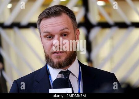 Brüssel, Belgien. 23. Januar 2023. Gabrielius LANDSBERGIS, Außenminister, kommt am 23. Januar 2023 zu einem Treffen der EU-Außenminister in Brüssel, Belgien. Kredit: ALEXANDROS MICHAILIDIS/Alamy Live News Stockfoto