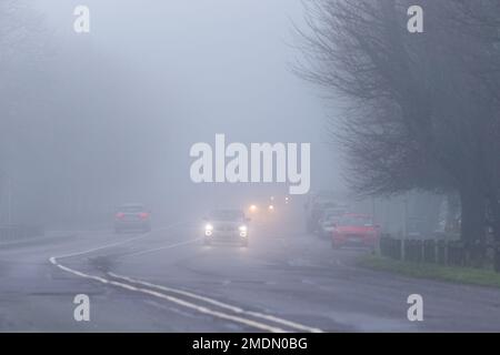 Bandon, West Cork, Irland. 23. Januar 2023. Eine dicke Nebeldecke fiel heute Morgen auf Bandon in West Cork herab, was den Fahrern Schwierigkeiten bereitete. Der Nebel ist teilweise noch immer im Gange, wird aber voraussichtlich später am Nachmittag wieder aufgehen. Kredit: AG News/Alamy Live News Stockfoto