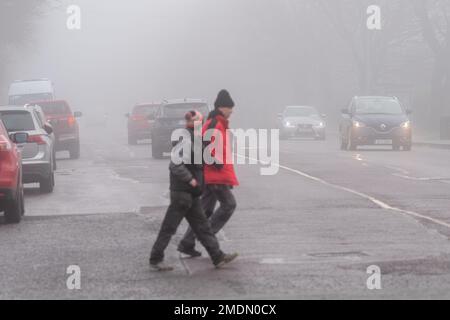 Bandon, West Cork, Irland. 23. Januar 2023. Eine dicke Nebeldecke fiel heute Morgen auf Bandon in West Cork herab, was den Fahrern Schwierigkeiten bereitete. Der Nebel ist teilweise noch immer im Gange, wird aber voraussichtlich später am Nachmittag wieder aufgehen. Kredit: AG News/Alamy Live News Stockfoto