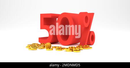 3D-Rendering. 50 % Rabatt mit Goldmünze und weißem Hintergrund. Sonderangebot 50 % Rabatt Tag. Sonderangebot. Stockfoto