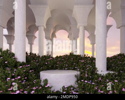Natürliche Schönheit vor der Kulisse des Podiums mit pinkfarbener Frühlingsblumen-Feld-Sonnenuntergangsszene Stockfoto