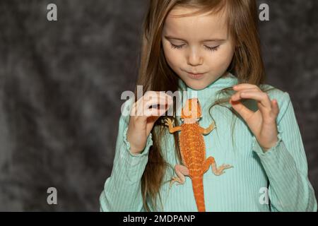 Porträt eines hübschen Mädchens mit rotem Agama-Leguan auf grauem Hintergrund. Kleines Kind, das mit Reptilien spielt. Selektiver Fokus. Hochwertiges Foto Stockfoto