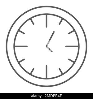 Uhr dünnes Liniensymbol, Uhrzeit und Ziffernblatt, Uhrzeichen, Vektorgrafiken, ein lineares Muster auf weißem Hintergrund, eps 10. Stock Vektor