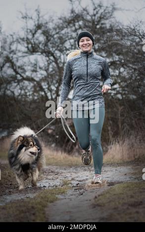 Porträt eines finnischen Lapphund-Hundes und einer Frau oder eines Mädchens, die bei Regen und schlechtem Wetter im Freien läuft Stockfoto
