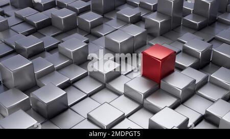 Roter Würfel, der sich von der Menge der grauen Würfel abhebt, abbildung 3D Stockfoto
