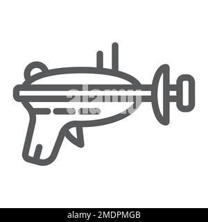 Blaster-Liniensymbol, Weltraum und Waffe, Laser-Blaster-Schild, Vektorgrafiken, ein lineares Muster auf weißem Hintergrund, 10. Stock Vektor