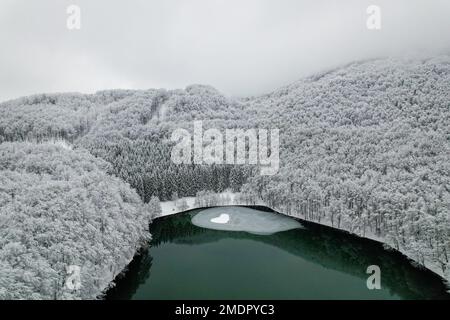 Blick auf den Balkana-See und die Umgebung mit Schnee bedeckt. Der Balkana-See liegt am Fuße des Berges Lisina, etwa 700 Meter über dem Meeresspiegel, umgeben von Weiden, Eichen und Nadelwäldern, und liegt etwa fünf Kilometer westlich von Mrkonjic Grad. Der beliebteste Ort ist ein Picknick in diesem Teil von Bosnien und Herzegowina. Es besteht aus zwei künstlichen Seen (groß und klein), die durch die Dämmung des Quellwassers der Crna Rijeka geschaffen wurden und eine Fläche von etwa 56.000 Quadratmetern in Bosnien und Herzegowina am 23. Januar 2023 abdecken. Foto: Dejan Rakita/PIXSELL Stockfoto