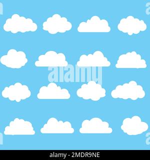 Set aus verschiedenen Formen weißer Cartoon-Wolken auf blauem Hintergrund. Vektor-Dekorationselement Stock Vektor