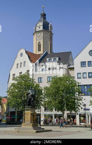 Hanfried, Bronzestatue des Wählers und Gründers der Universität, Johann Friedrich der Grossmuetige, Market, Jena, Thüringen, Deutschland Stockfoto