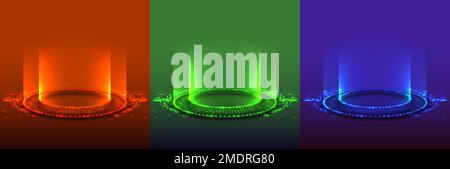 Futuristisches Technologie-Podium. Rot-grüne und blaue Leuchtringe auf dem Boden aus Partikeln mit Tiefenschärfe für Gaming-Produkte Stock Vektor