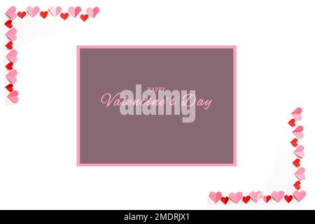 Valentinstagskarte mit minimalistischem Design, violettem Textfeld und farbigen Herzen an den Ecken. Die Karte hat einen weißen Hintergrund. Stockfoto