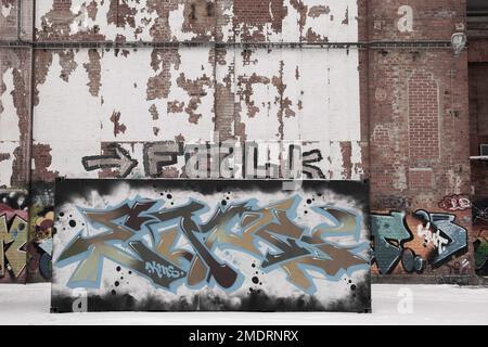 Fotoshooting in einer alten Fabrik, Graffiti-Kunstmauern, alten Industriebauten und eiskaltem Winterwetter. Schnee auf dem Boden Stockfoto