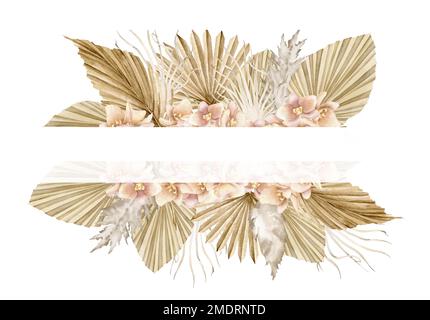 Exotische tropische Blumen im Boho-Stil. Handgezeichnete Aquarelle mit Blumenmotiven und getrockneten Palmenblättern und Orchideen für Grußkarten oder Einladungen. Vorlagen auf isoliertem Hintergrund. Stockfoto