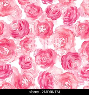 Nahtloses Muster mit abstrakten Rosenblumen in Aquarellfarben auf isoliertem Hintergrund. Blumenkulisse mit Rosenpflanzen für Textilien oder Geschenkpapier. Handgezeichnete farbenfrohe Illustration für Ziergegenstände. Stockfoto